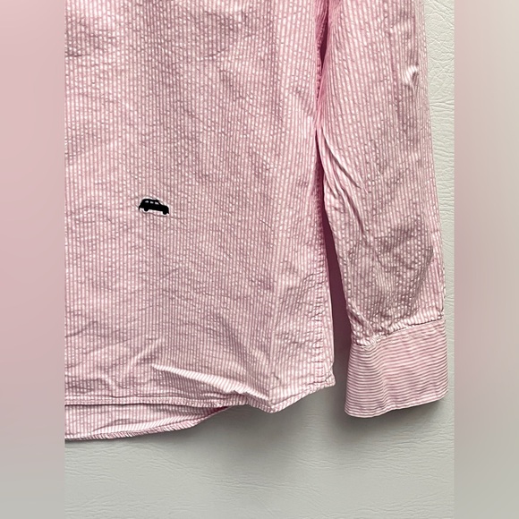 Hutton Smart Clothing Pink Striped Cotton Button Up Shirt w Car Logo Large - Picture 3 of 10